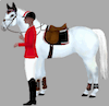 [White showjumper, rider in red coat]